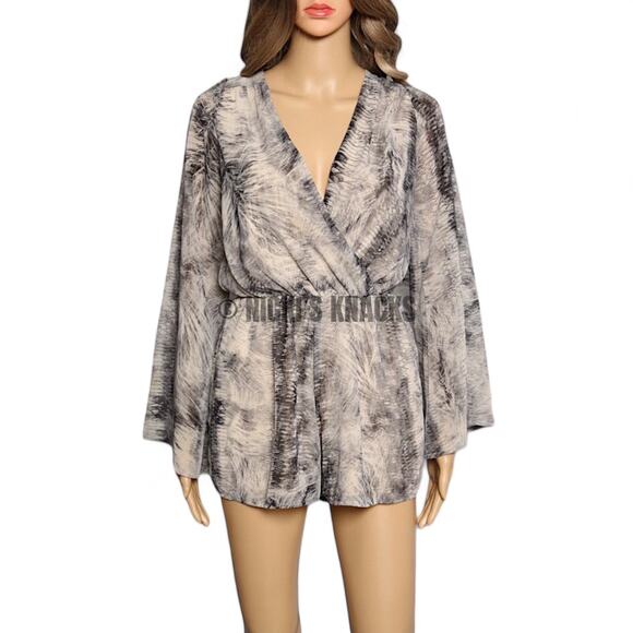 Boho Wrap Romper Long Sleeve V Neck Bell Sleeve Abstract Print Neutral Size S - Picture 2 of 10
